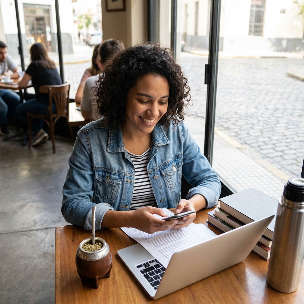 Estudiante conectando digitalmente con mate en escritorio